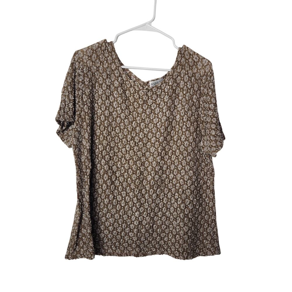 Ninety Vintage Metallic Gold Crinkle V-Neck Short Sleeve Casual Blouse Top Large